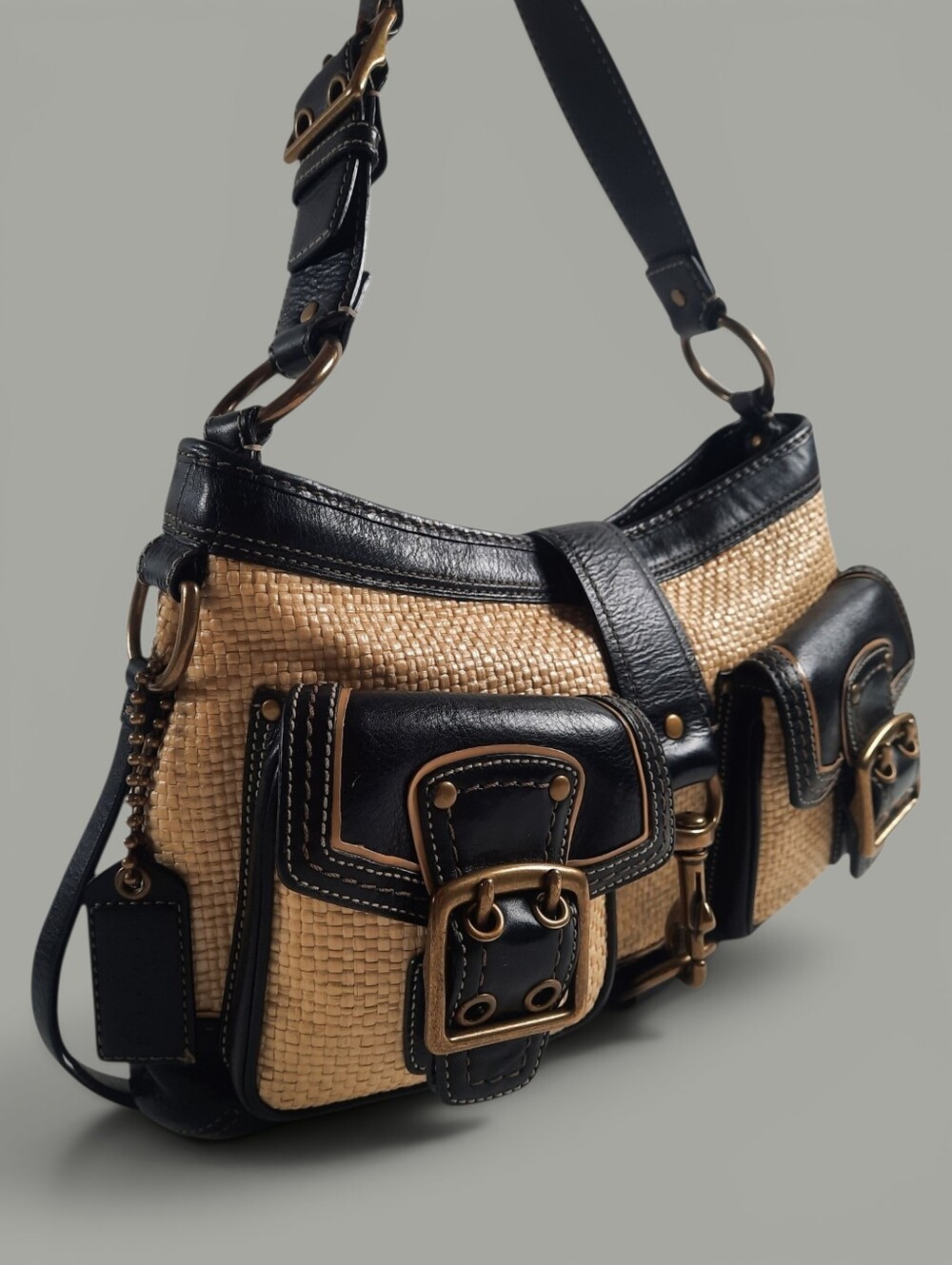COACH Y2K Ltd Ed 65th Anniversary Legacy Raffia Hobo Saddle Bag Leather Straw